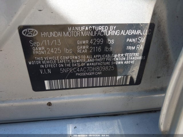 46152014 :رقم المزاد ، 5NPEC4AC7DH809825 vin ، 2013 Hyundai Sonata Se مزاد بيع