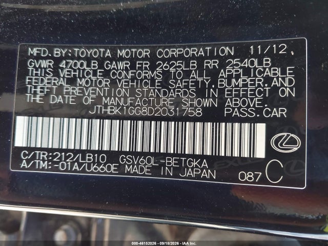 Продаж на аукціоні авто 2013 Lexus Es 350, vin: JTHBK1GG8D2031758, номер лоту: 46152026