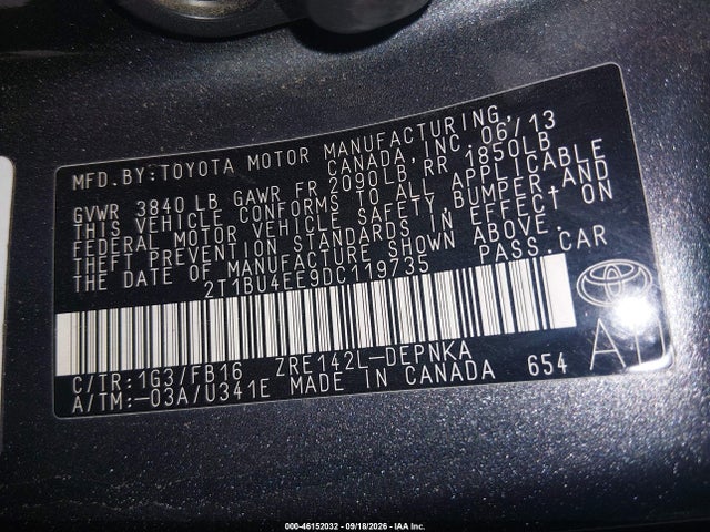 Продаж на аукціоні авто 2013 Toyota Corolla Le, vin: 2T1BU4EE9DC119735, номер лоту: 46152032