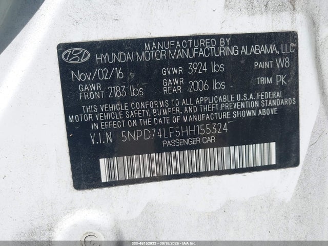 46152033 :رقم المزاد ، 5NPD74LF5HH155324 vin ، 2017 Hyundai Elantra Se مزاد بيع