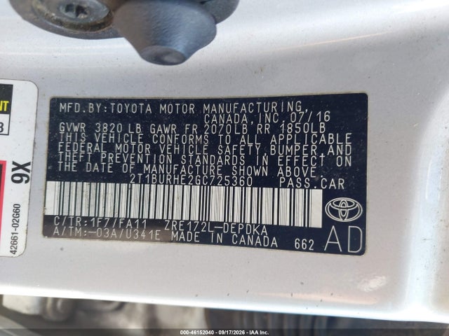 Aukcja sprzedaży 2016 Toyota Corolla L, vin: 2T1BURHE2GC725360, numer aukcji: 46152040