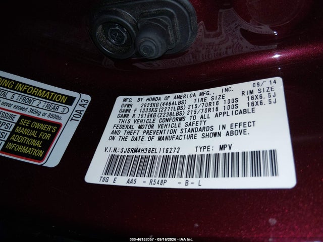 46152057 :رقم المزاد ، 5J6RM4H38EL116273 vin ، 2014 Honda Cr-v Lx مزاد بيع