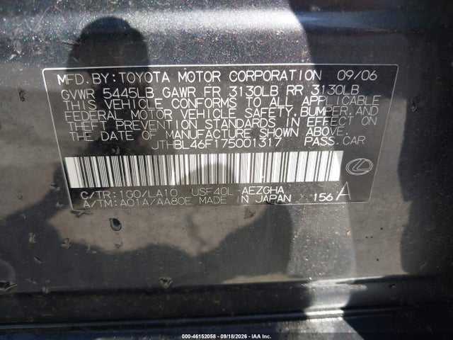 46152058 :رقم المزاد ، JTHBL46F175001317 vin ، 2007 Lexus Ls 460 مزاد بيع