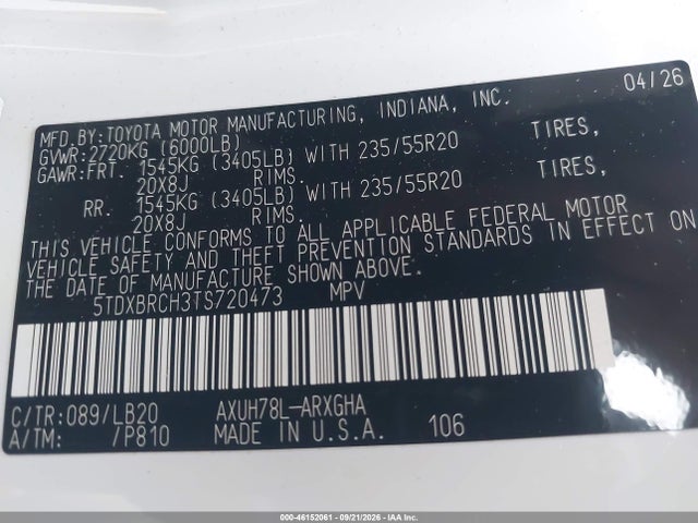 Продаж на аукціоні авто 2026 Toyota Highlander Hybrid Limited, vin: 5TDXBRCH3TS720473, номер лоту: 46152061