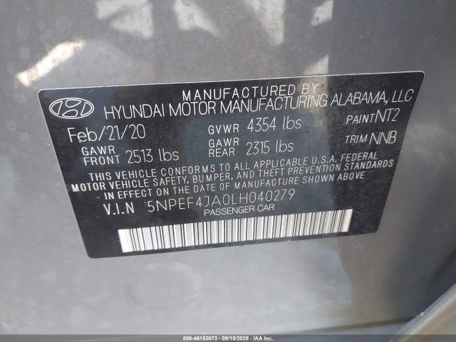 46152073 :رقم المزاد ، 5NPEF4JA0LH040279 vin ، 2020 Hyundai Sonata Sel مزاد بيع