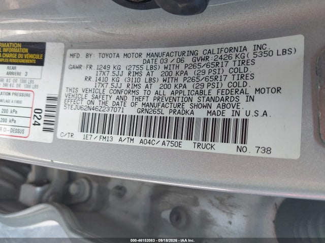 46152083 :رقم المزاد ، 5TEJU62N46Z237071 vin ، 2006 Toyota Tacoma Prerunner V6 مزاد بيع