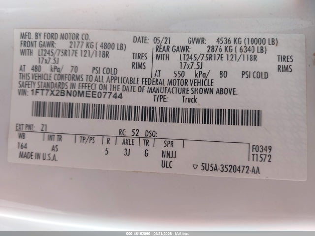 2021 Ford F-250 Xl მანქანა იყიდება აუქციონზე, vin: 1FT7X2BN0MEE07744, აუქციონის ნომერი: 46152090