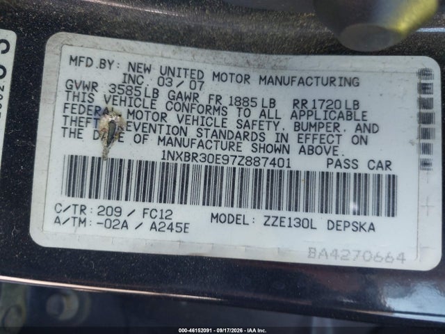 2007 Toyota Corolla S მანქანა იყიდება აუქციონზე, vin: 1NXBR30E97Z887401, აუქციონის ნომერი: 46152091