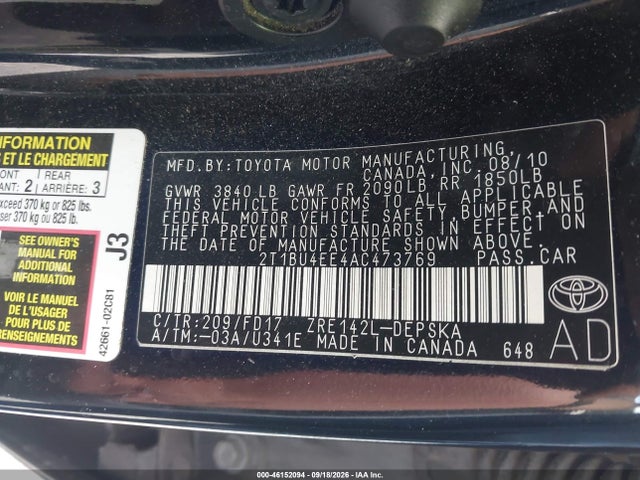 Aukcja sprzedaży 2010 Toyota Corolla S, vin: 2T1BU4EE4AC473769, numer aukcji: 46152094