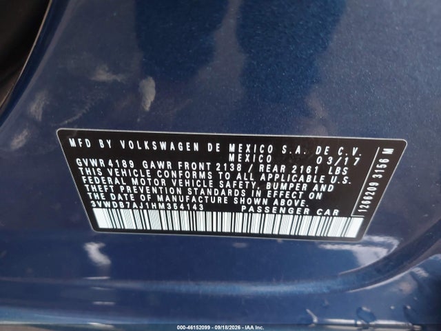 2017 Volkswagen Jetta 1.4t Se მანქანა იყიდება აუქციონზე, vin: 3VWDB7AJ1HM354143, აუქციონის ნომერი: 46152099