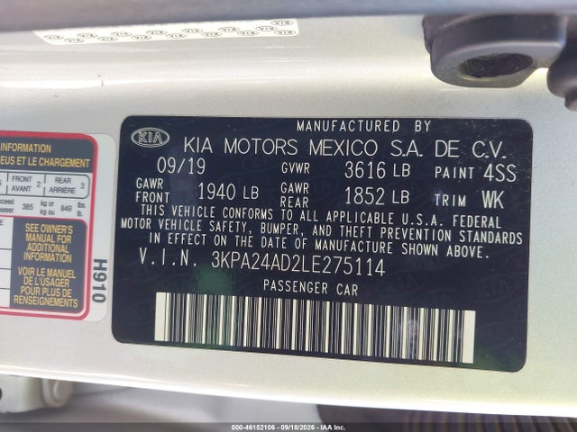 Продажа на аукционе авто 2020 Kia Rio S, vin: 3KPA24AD2LE275114, номер лота: 46152106