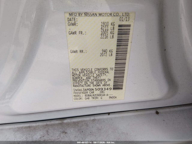 2013 Nissan Altima 2.5 S მანქანა იყიდება აუქციონზე, vin: 1N4AL3AP0DN509349, აუქციონის ნომერი: 46152114