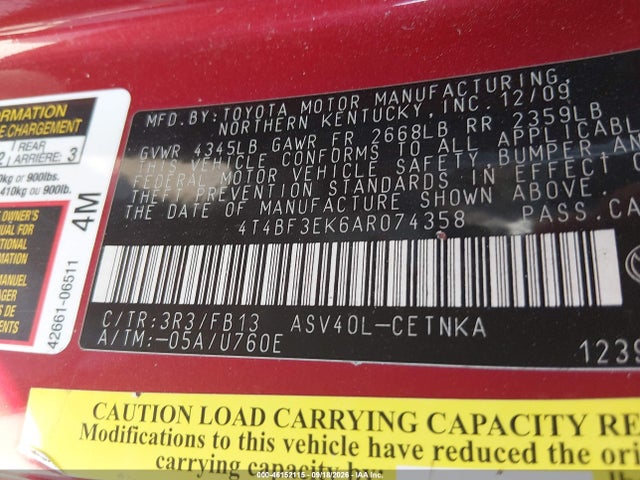 2010 Toyota Camry Le მანქანა იყიდება აუქციონზე, vin: 4T4BF3EK6AR074358, აუქციონის ნომერი: 46152115
