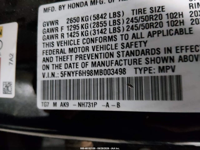 Продаж на аукціоні авто 2021 Honda Pilot Awd Touring 8 Passenger, vin: 5FNYF6H98MB003498, номер лоту: 46152159