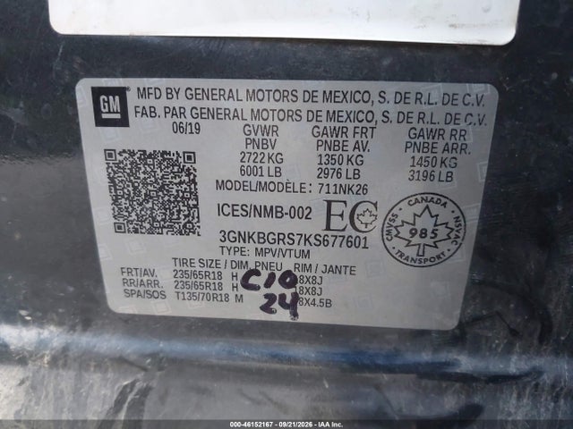 Aukcja sprzedaży 2019 Chevrolet Blazer 3.6, vin: 3GNKBGRS7KS677601, numer aukcji: 46152167