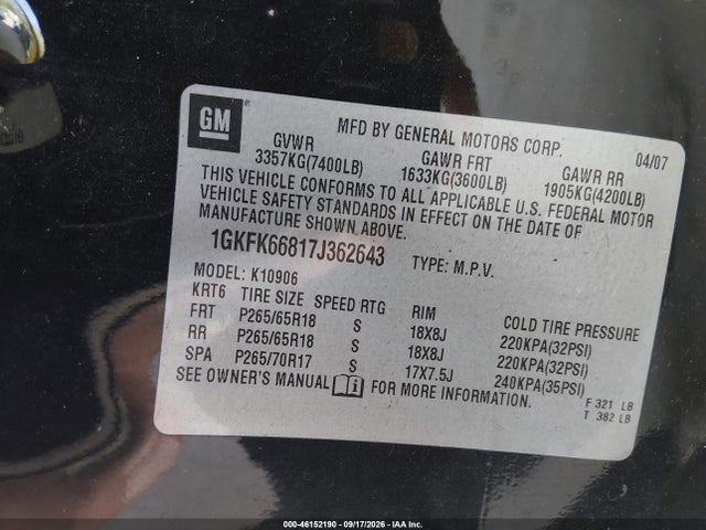 Продаж на аукціоні авто 2007 Gmc Yukon Xl 1500 Denali, vin: 1GKFK66817J362643, номер лоту: 46152190