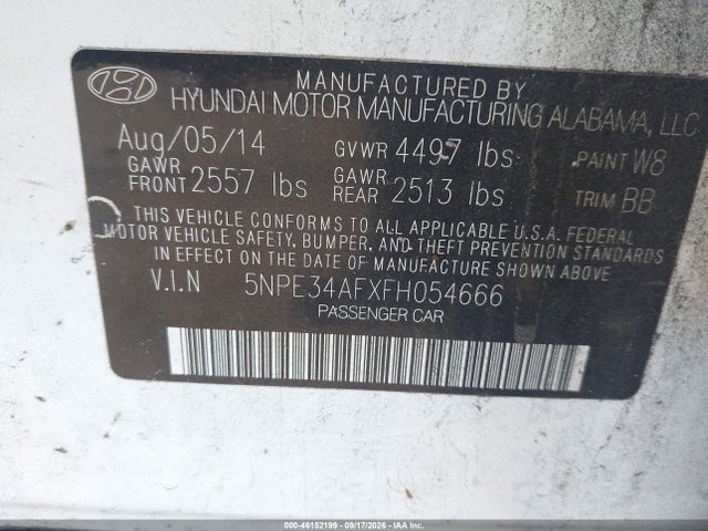 2015 Hyundai Sonata Limited მანქანა იყიდება აუქციონზე, vin: 5NPE34AFXFH054666, აუქციონის ნომერი: 46152199