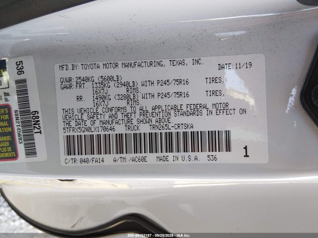Продаж на аукціоні авто 2020 Toyota Tacoma Sr, vin: 5TFRX5GN0LX170646, номер лоту: 46152197