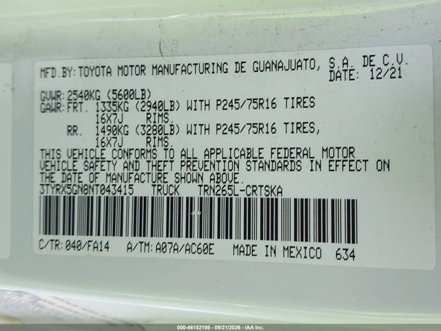 46152198 :رقم المزاد ، 3TYRX5GN8NT043415 vin ، 2022 Toyota Tacoma Sr مزاد بيع