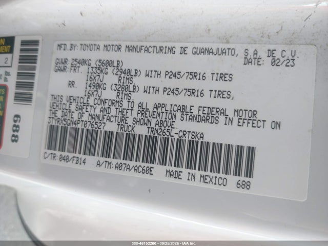 2023 Toyota Tacoma 2wd Sr მანქანა იყიდება აუქციონზე, vin: 3TYRX5GN4PT076527, აუქციონის ნომერი: 46152200