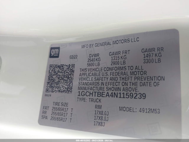 Aukcja sprzedaży 2022 Chevrolet Colorado 4wd  Long Box Wt, vin: 1GCHTBEA4N1159239, numer aukcji: 46152202