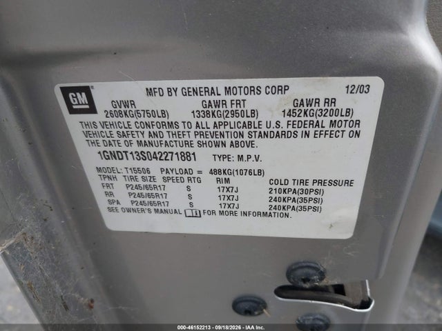 Auction sale of the 2004 Chevrolet Trailblazer Lt, vin: 1GNDT13S042271881, lot number: 46152213