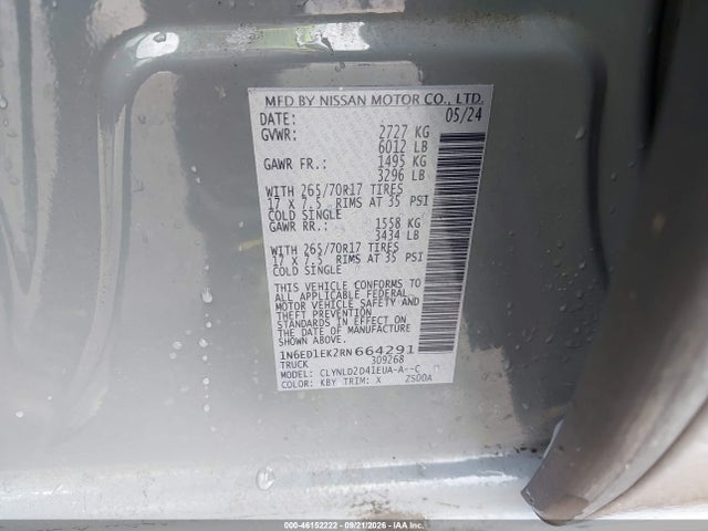 46152222 :رقم المزاد ، 1N6ED1EK2RN664291 vin ، 2024 Nissan Frontier Pro-4x 4x4 مزاد بيع