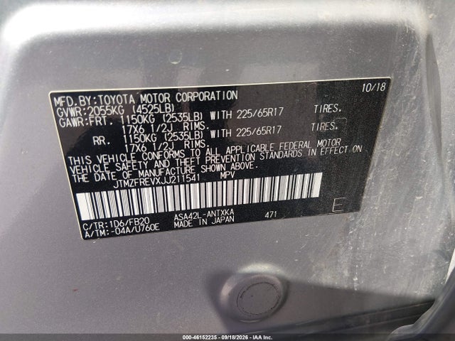Aukcja sprzedaży 2018 Toyota Rav4 Le, vin: JTMZFREVXJJ211541, numer aukcji: 46152235