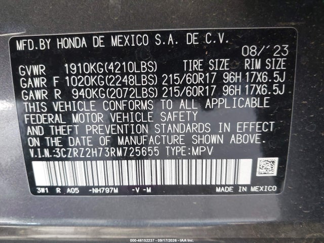 Продажа на аукционе авто 2024 Honda Hr-v Awd Ex-l/awd Ex-l W/o Bsi, vin: 3CZRZ2H73RM725655, номер лота: 46152237