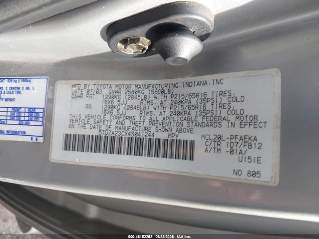 46152252 :رقم المزاد ، 5TDZA23CX4S041244 vin ، 2004 Toyota Sienna Le مزاد بيع