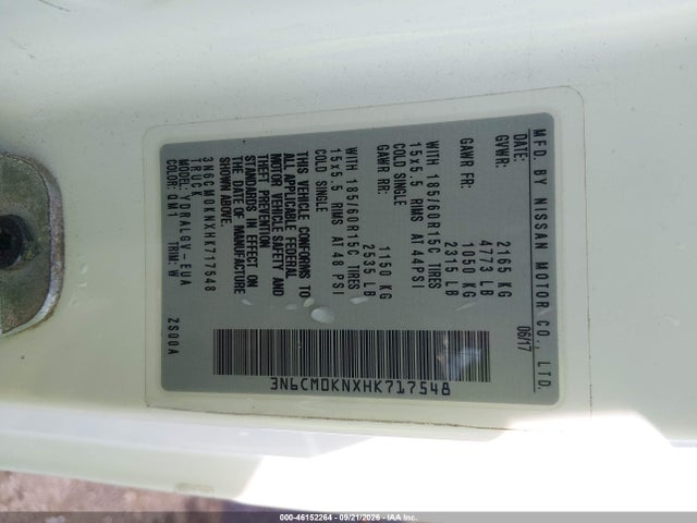 46152264 :رقم المزاد ، 3N6CM0KNXHK717548 vin ، 2017 Nissan Nv200 Sv مزاد بيع