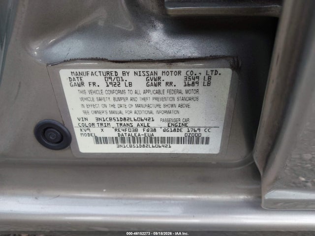 46152273 :رقم المزاد ، 3N1CB51D82L606421 vin ، 2002 Nissan Sentra Gxe مزاد بيع