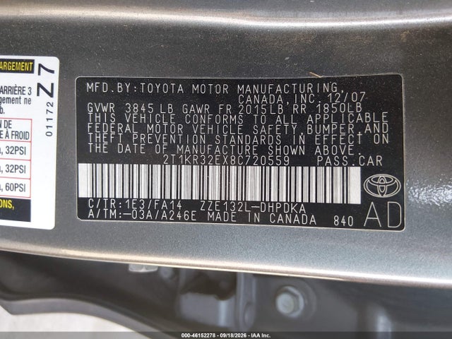 Aukcja sprzedaży 2008 Toyota Matrix, vin: 2T1KR32EX8C720559, numer aukcji: 46152278