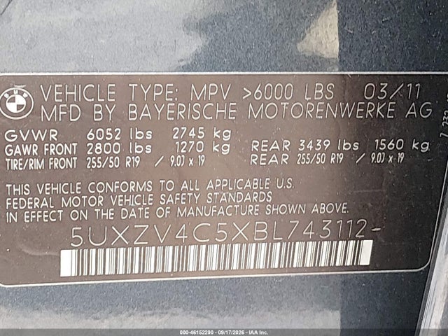 46152290 :رقم المزاد ، 5UXZV4C5XBL743112 vin ، 2011 Bmw X5 Xdrive35i/xdrive35i Premium/xdrive35i Sport Activity مزاد بيع