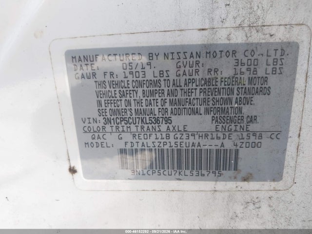 Продажа на аукционе авто 2019 Nissan Kicks Sv, vin: 3N1CP5CU7KL536795, номер лота: 46152292