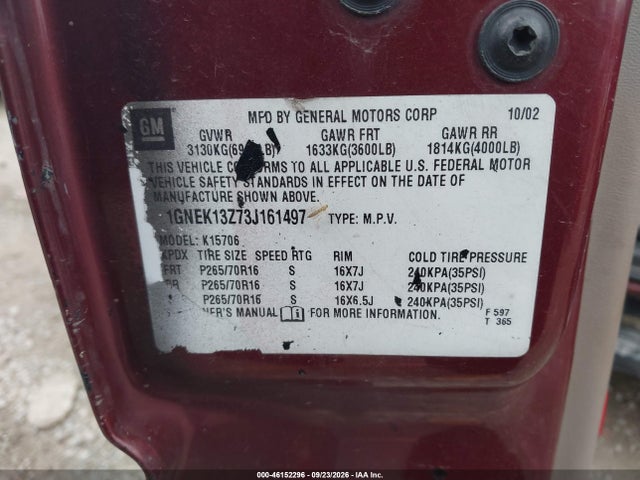 Продажа на аукционе авто 2003 Chevrolet Tahoe Lt, vin: 1GNEK13Z73J161497, номер лота: 46152296