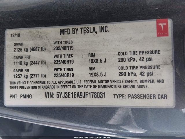 5YJ3E1EA9JF178031 Tesla MODEL 3