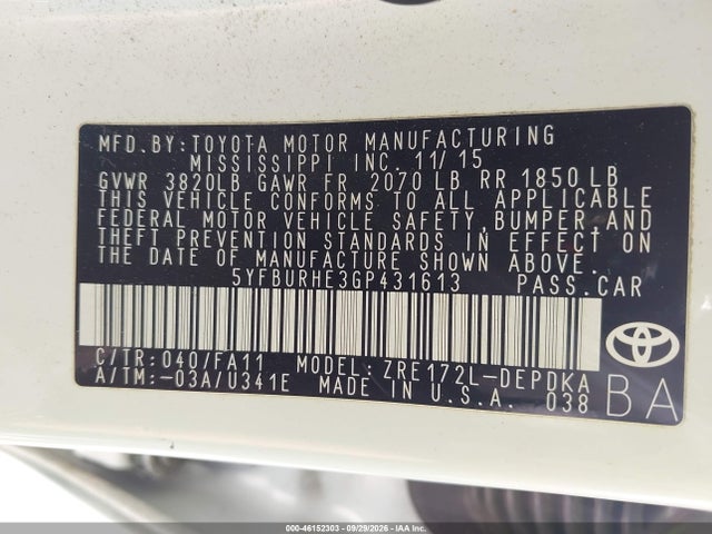 Продаж на аукціоні авто 2016 Toyota Corolla L, vin: 5YFBURHE3GP431613, номер лоту: 46152303