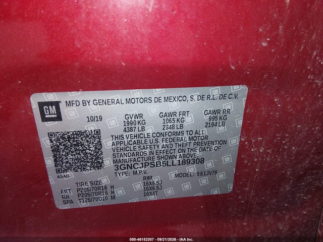 Aukcja sprzedaży 2020 Chevrolet Trax Awd Lt, vin: 3GNCJPSB5LL189308, numer aukcji: 46152307