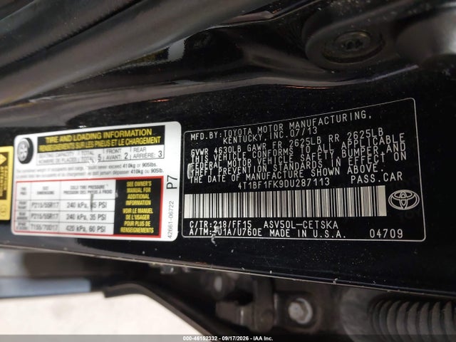 2013 Toyota Camry Se მანქანა იყიდება აუქციონზე, vin: 4T1BF1FK9DU287113, აუქციონის ნომერი: 46152332