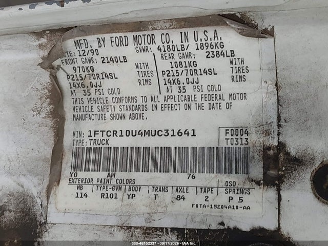 Auction sale of the 1991 Ford Ranger, vin: 1FTCR10U4MUC31641, lot number: 46152337