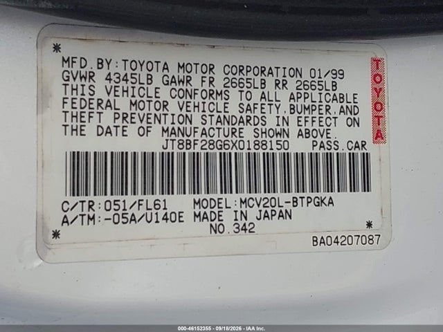 46152355 :رقم المزاد ، JT8BF28G6X0188150 vin ، 1999 Lexus Es 300 مزاد بيع
