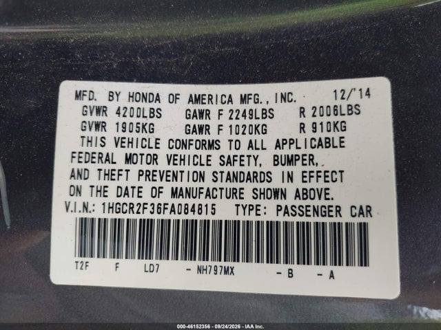 Honda ACCORD LX 2015 1HGCR2F36FA084815 Image 9