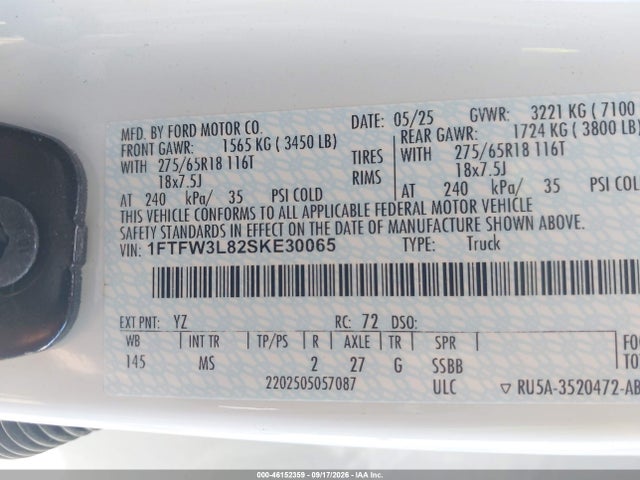 2025 Ford F-150 Xlt მანქანა იყიდება აუქციონზე, vin: 1FTFW3L82SKE30065, აუქციონის ნომერი: 46152359