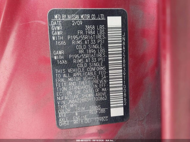 46152375 :رقم المزاد ، JN8AZ28R39T100862 vin ، 2009 Nissan Cube 1.8sl مزاد بيع