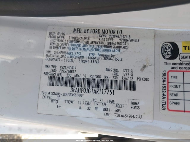 46152395 :رقم المزاد ، 3FAHP0JG1AR117751 vin ، 2010 Ford Fusion Sel مزاد بيع