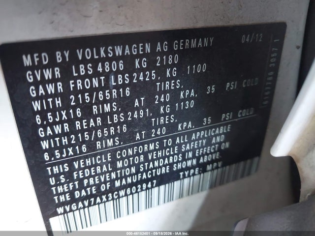 46152401 :رقم المزاد ، WVGAV7AX3CW602947 vin ، 2012 Volkswagen Tiguan S مزاد بيع