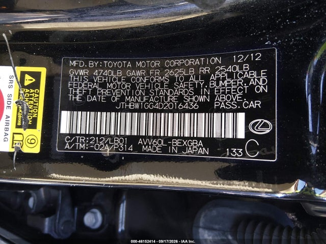Aukcja sprzedaży 2013 Lexus Es 300h, vin: JTHBW1GG4D2016436, numer aukcji: 46152414