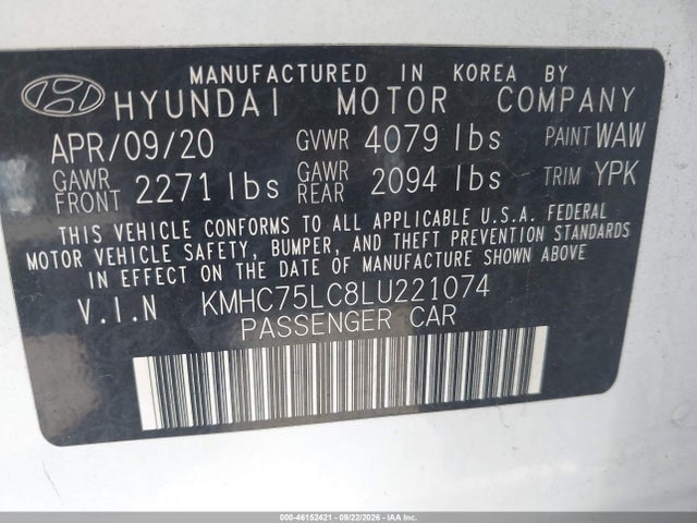 Продаж на аукціоні авто 2020 Hyundai Ioniq Hybrid Se, vin: KMHC75LC8LU221074, номер лоту: 46152421