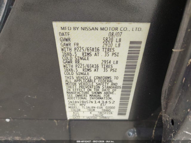 Aukcja sprzedaży 2007 Nissan Quest 3.5, vin: 5N1BV28U57N143452, numer aukcji: 46152427